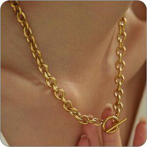 🆕Women Gold Cuban Choker Necklace Chunky Chain Clasp Toggle Herringbone Jewelry